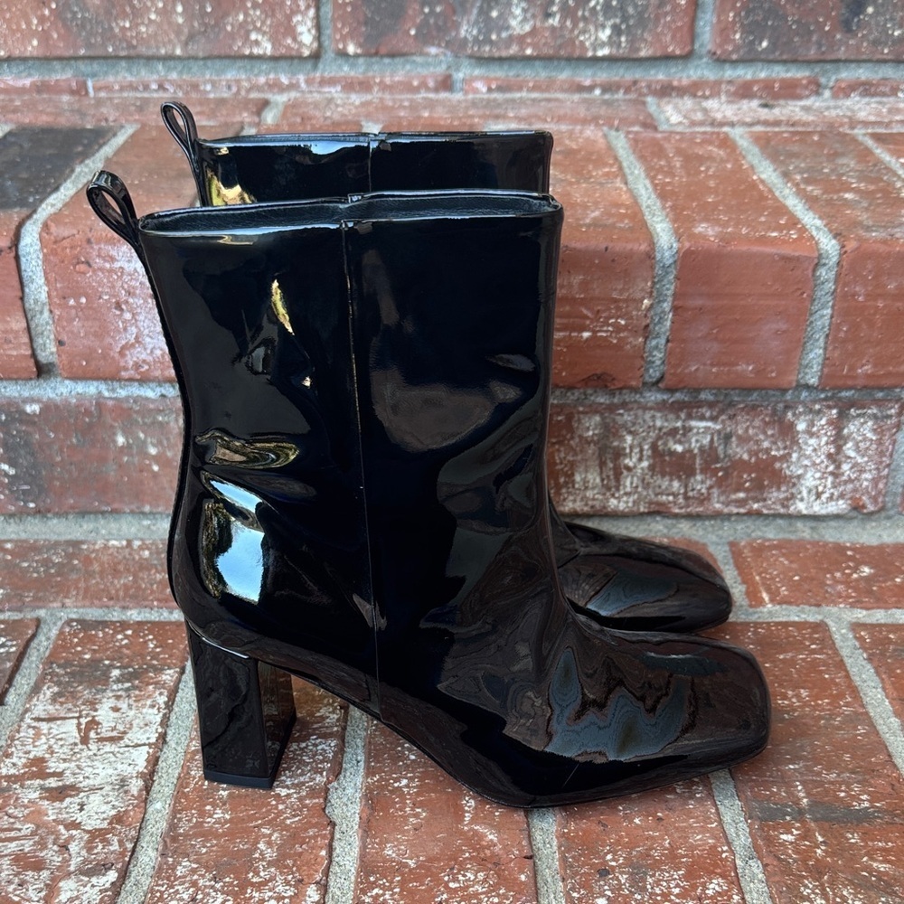 Good American Black Patent Leather Shiny Block Heel Ankle Booties Women's 6